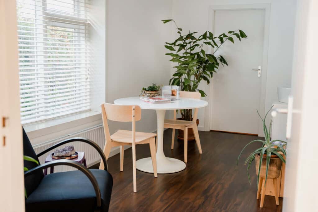 Rustige therapeutische ruimte bij Susan Twaalfhoven in Uitgeest, bedoeld voor lichaamsgerichte therapie en psychosociale begeleiding.